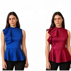 Side Ruffle Stretch Peplum Top Blue Burgundy